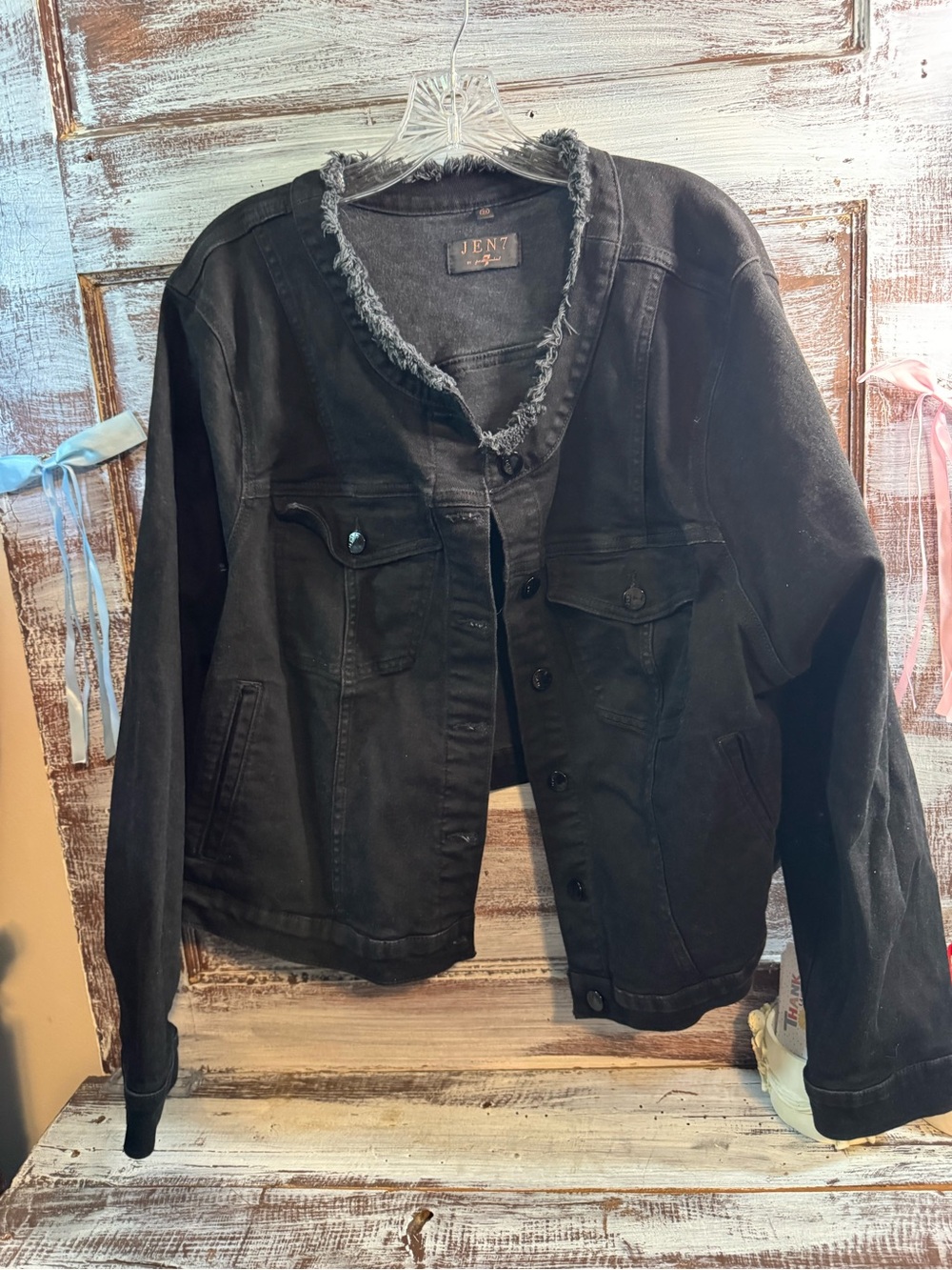 JEN7 Women's Black Frayed-Trim Jean Jacket